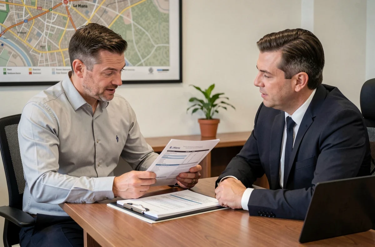 Entrepreneur discutant des tarifs de domiciliation d'entreprise avec un conseiller au Mans