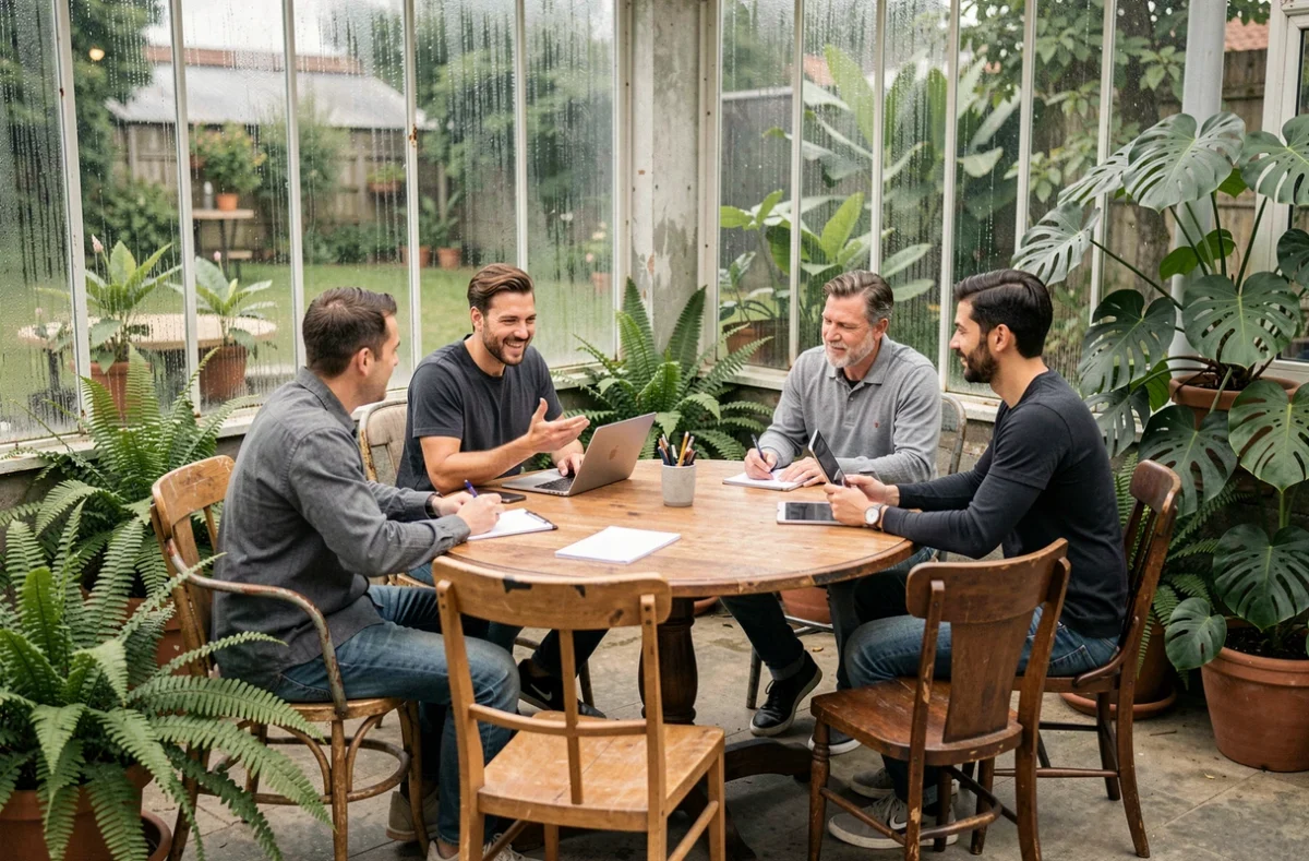 Réunion informelle de collègues dans le salon botanique d'un espace de coworking original type jardinerie