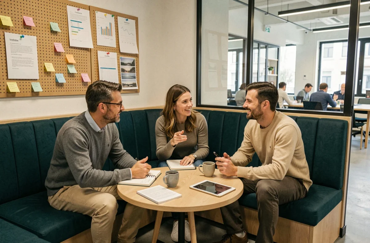Réunion informelle dans un espace de coworking à Toulouse avec trois professionnels autour d'une table basse
