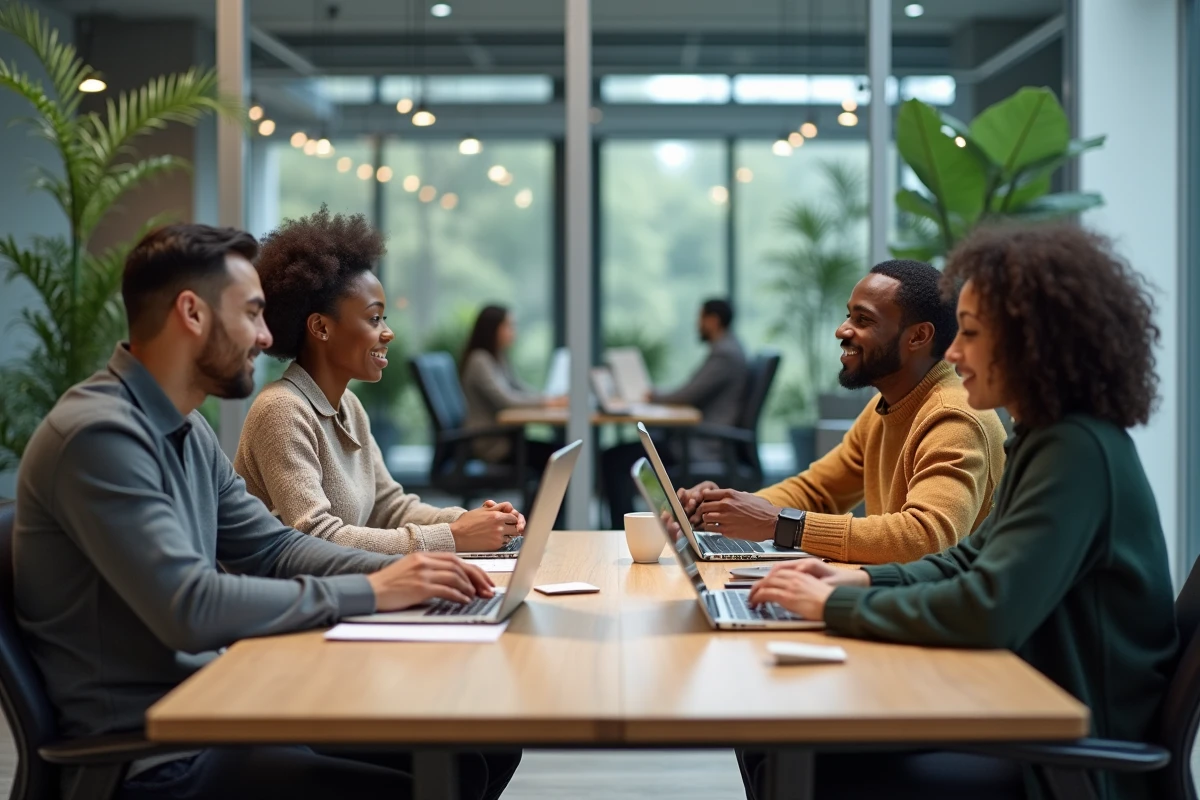 Groupe de professionnels en réunion collaborative autour d'une table dans un espace de coworking moderne