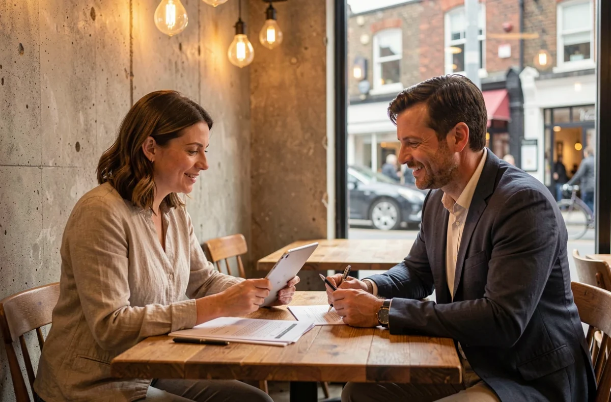 Deux professionnels discutant d'un contrat de portage salarial dans un café branché de Londres