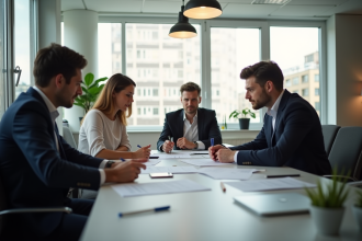 Groupe de professionnels en réunion dans un bureau lumineux