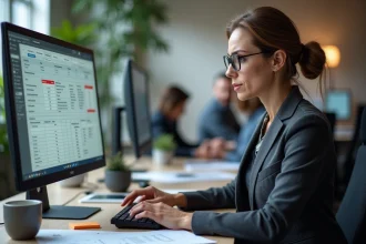 Responsable RH débordée gérant un logiciel PGI sur écrans multiples dans un bureau moderne