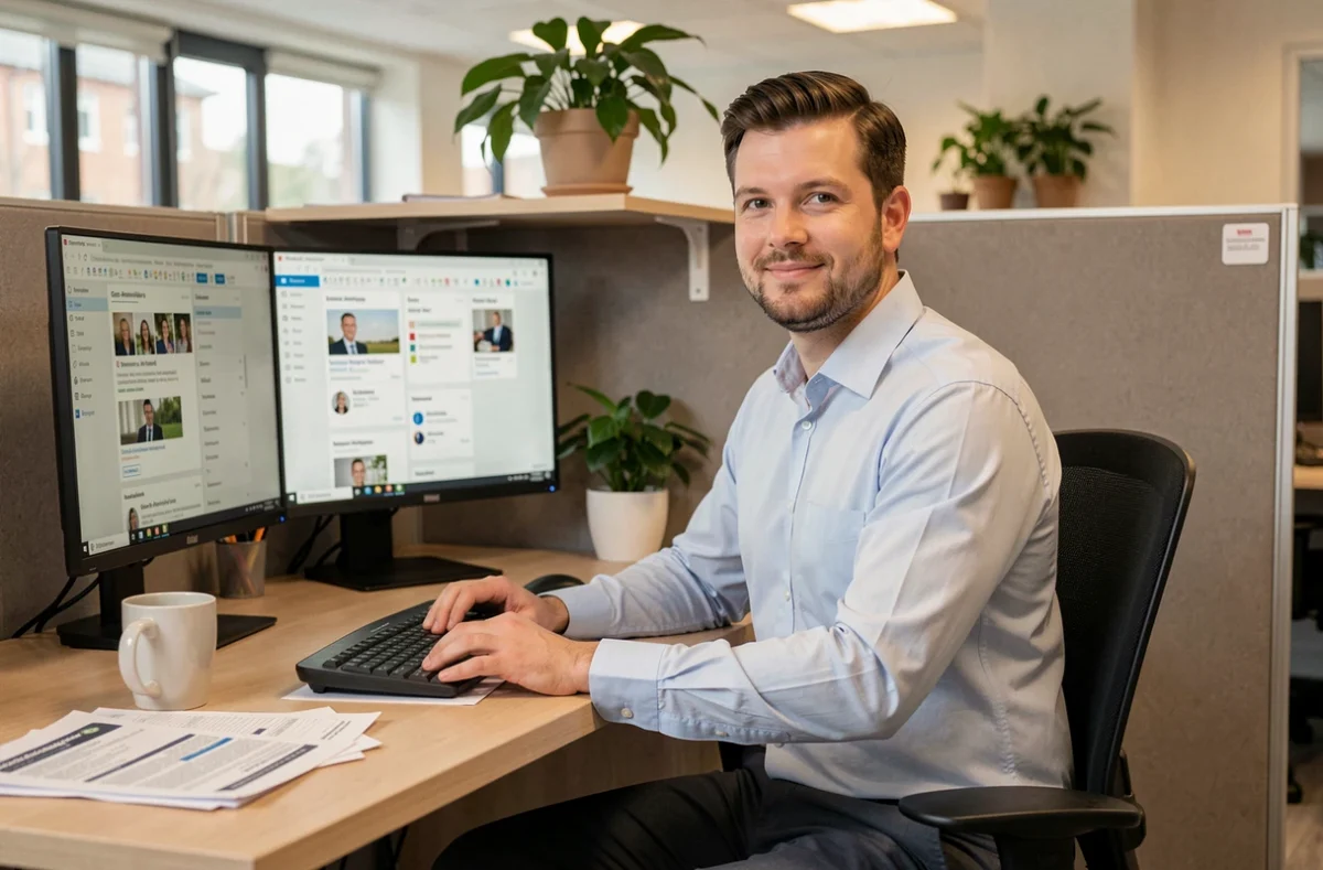 Consultant en recrutement à son bureau dans une agence d'intérim multisectorielle à Gretz-Armainvilliers