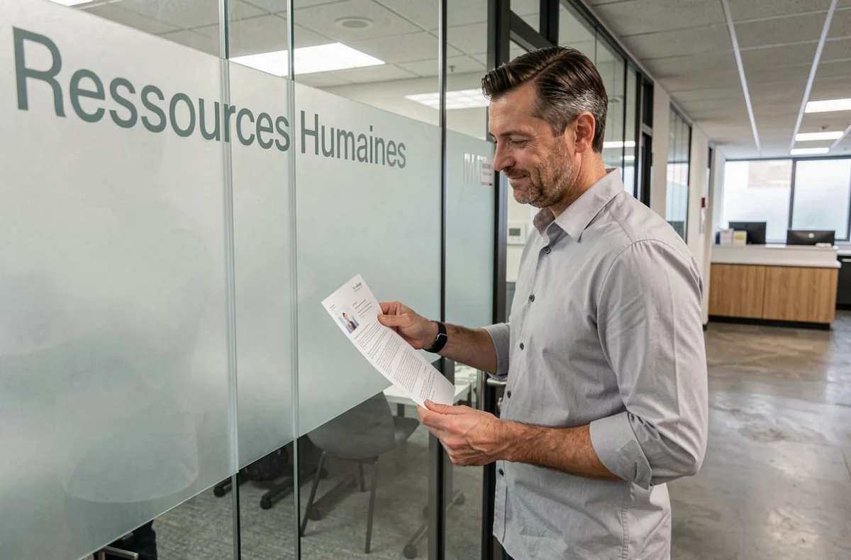 Salarié s'apprêtant à contacter directement le service des ressources humaines en se rendant au bureau RH