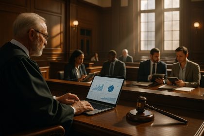 Photo hyperrealiste d'une salle d'audience moderne avec un juge utilisant un ordinateur portable affichant des graphiques