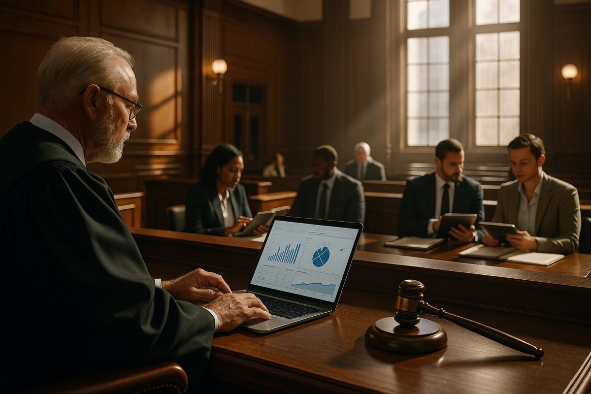 Photo hyperrealiste d'une salle d'audience moderne avec un juge utilisant un ordinateur portable affichant des graphiques