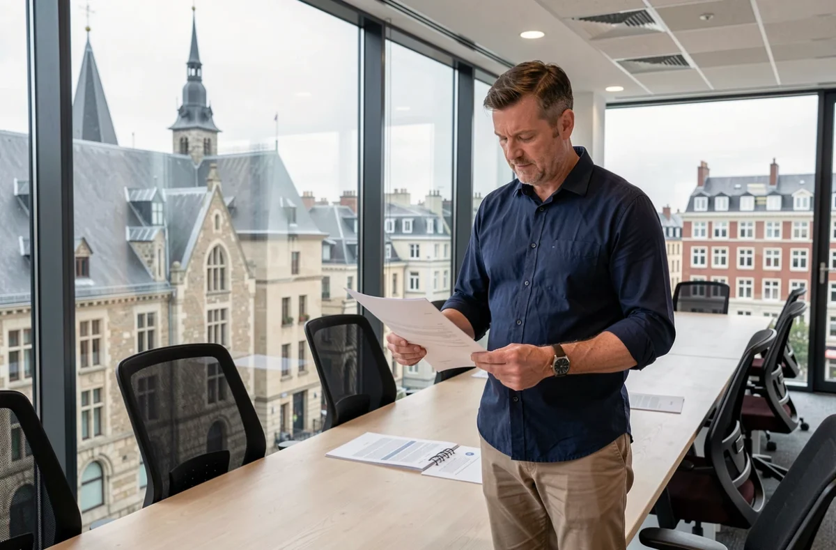 Homme d'affaires dans une salle de réunion vitrée d'un coworking à Nancy avec vue sur l'architecture de la ville