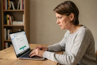 Femme utilisant son ordinateur portable pour sécuriser son compte client Orange depuis son bureau à domicile