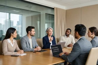 Groupe de professionnels réunis en séminaire accessible avec microphone sans fil et sous-titrage en temps réel sur écran d'ordinateur portable