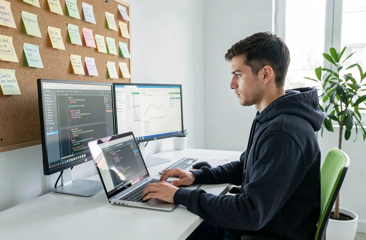 Développeur web et expert SEO travaillant sur un audit de référencement naturel dans une agence digitale à Montpellier