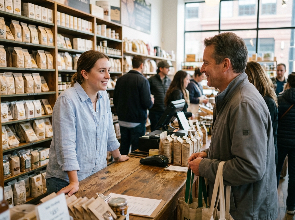 Agent de service client discute avec un client dans un magasin animé