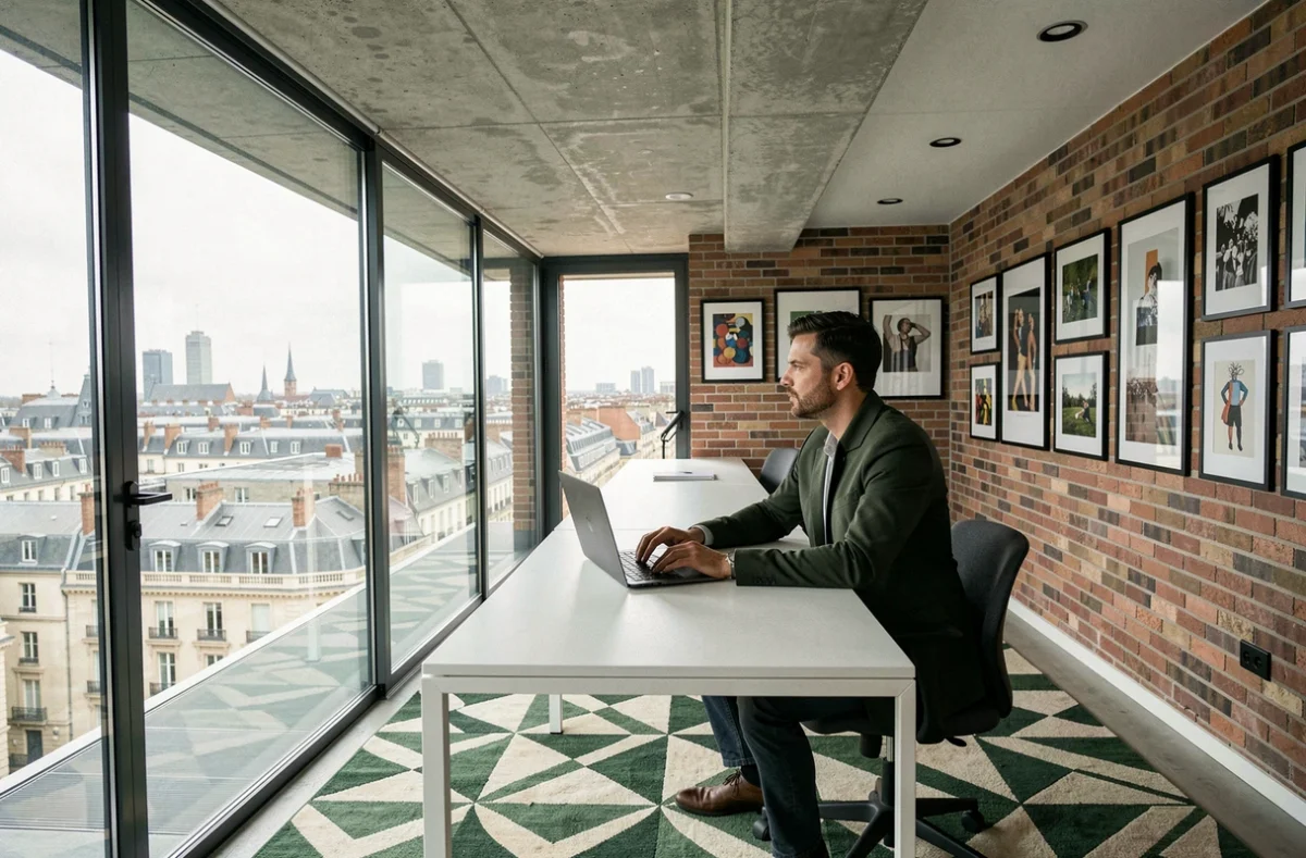 Homme contemplatif dans Seven Coworking Bordeaux, un espace de travail design avec vue panoramique sur la ville et intérieur aux matériaux bruts et mobilier minimaliste