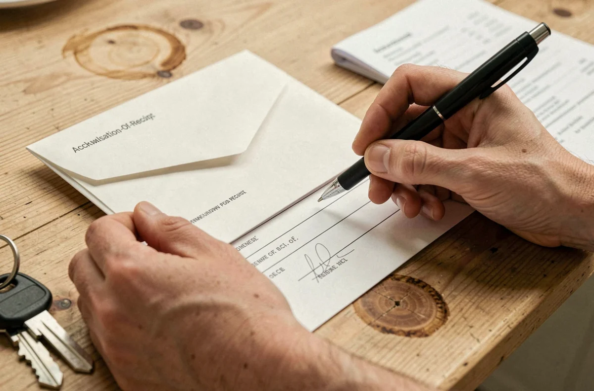 Gros plan sur la signature d'un accusé de réception lors de la remise en main propre d'un courrier de bail entre propriétaire et locataire