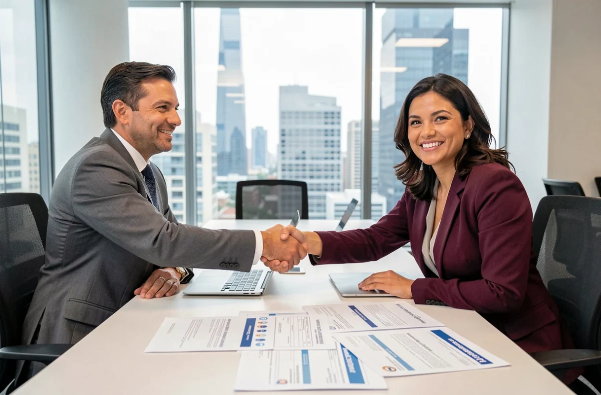 Deux dirigeants d'entreprise signant un contrat d'assurance responsabilité civile professionnelle en salle de réunion avec vue sur la ville