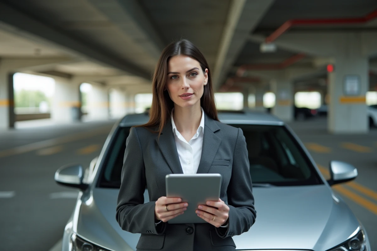 Femme d'affaires consultant une simulation d'avantage en nature véhicule de société sur tablette dans un parking d'entreprise