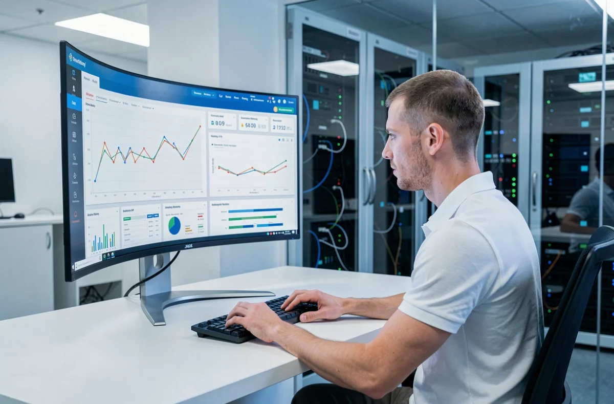 Analyste en marketing digital orienté performance étudiant des indicateurs KPI et graphiques ROI sur un écran incurvé