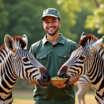 Soigneur nourrissant des zebres dans un zoo moderne