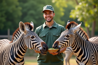 Soigneur nourrissant des zebres dans un zoo moderne