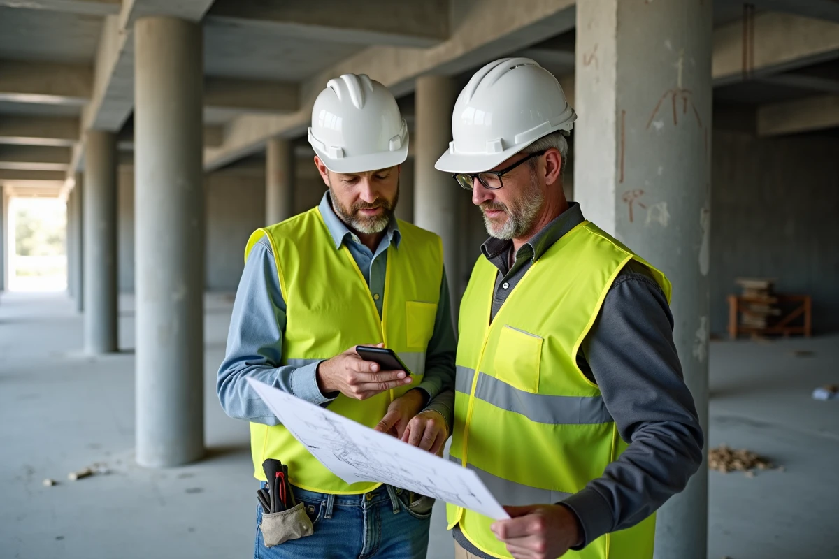Deux sous-traitants BTP consultant un plan de structure sur smartphone à l'intérieur d'un bâtiment en construction