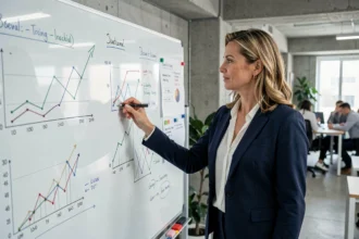 Femme d'affaires présentant une stratégie de croissance d'entreprise devant un tableau blanc dans un bureau moderne