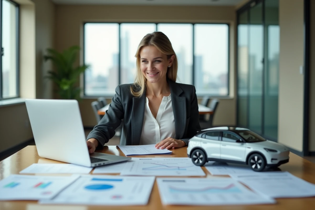 Dirigeante d'entreprise étudiant la stratégie fiscale de renouvellement de flotte automobile en 2026 lors d'une réunion