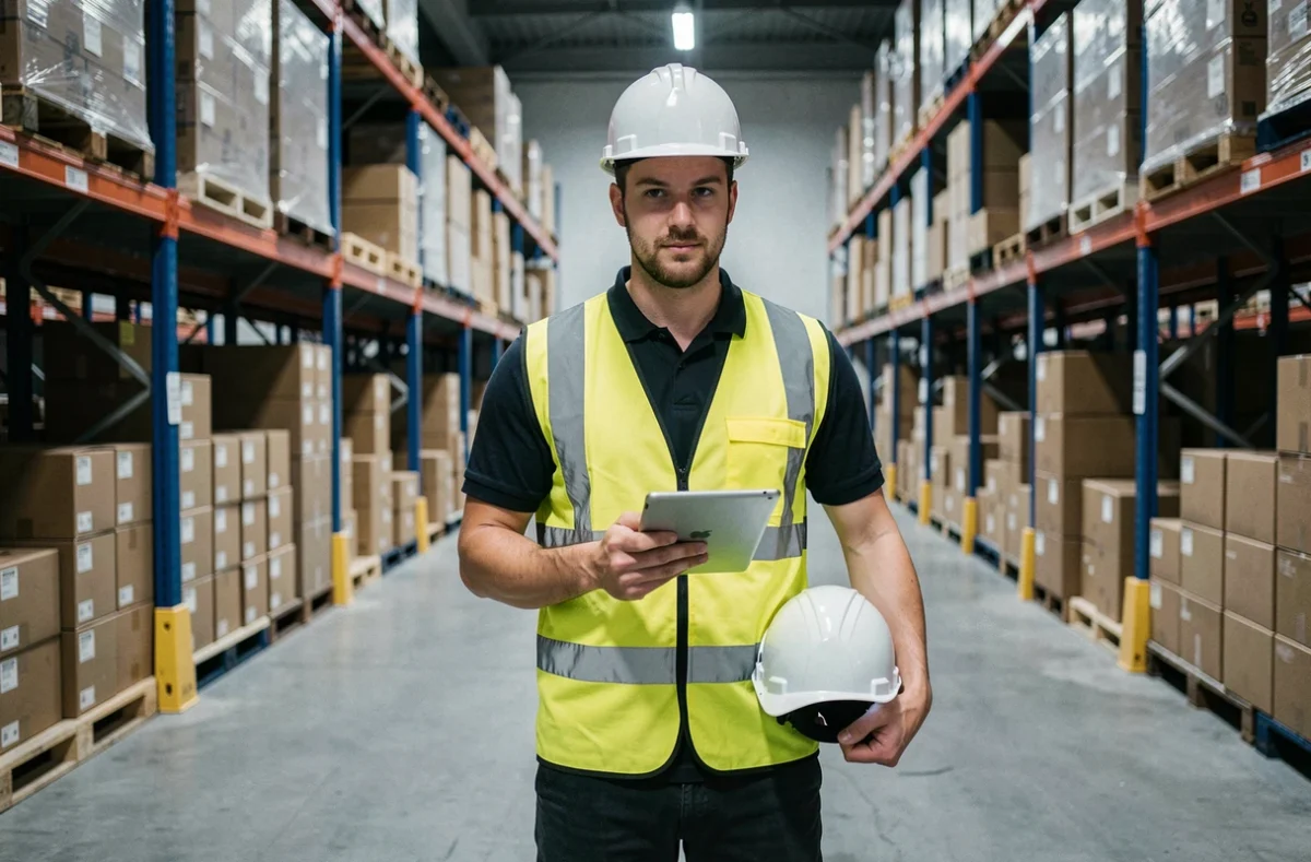 Ouvrier logistique en gilet jaune dans un entrepôt près de Serris illustrant les missions de SUP Interim