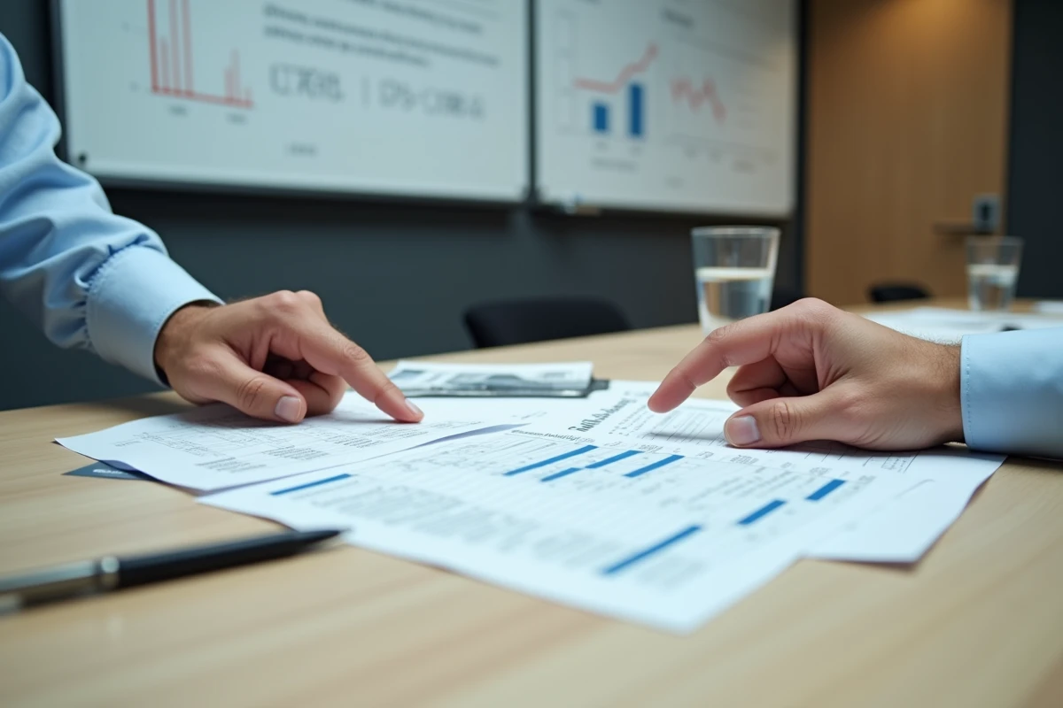 Mains d'un professionnel pointant des tableaux de calcul d'avantage en nature véhicule 2026 posés sur une table de réunion