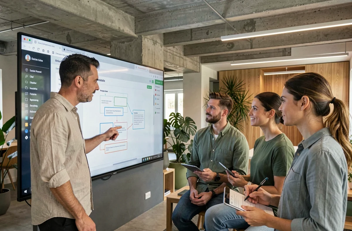 Chef de projet web présentant des wireframes de site internet à son équipe dans une agence digitale en Occitanie
