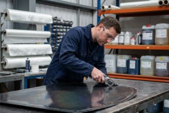 Technicien spécialiste en matériaux composites découpant un panneau en fibre de carbone dans un atelier professionnel CMS France