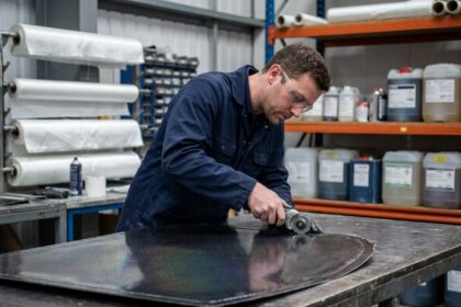 Technicien spécialiste en matériaux composites découpant un panneau en fibre de carbone dans un atelier professionnel CMS France