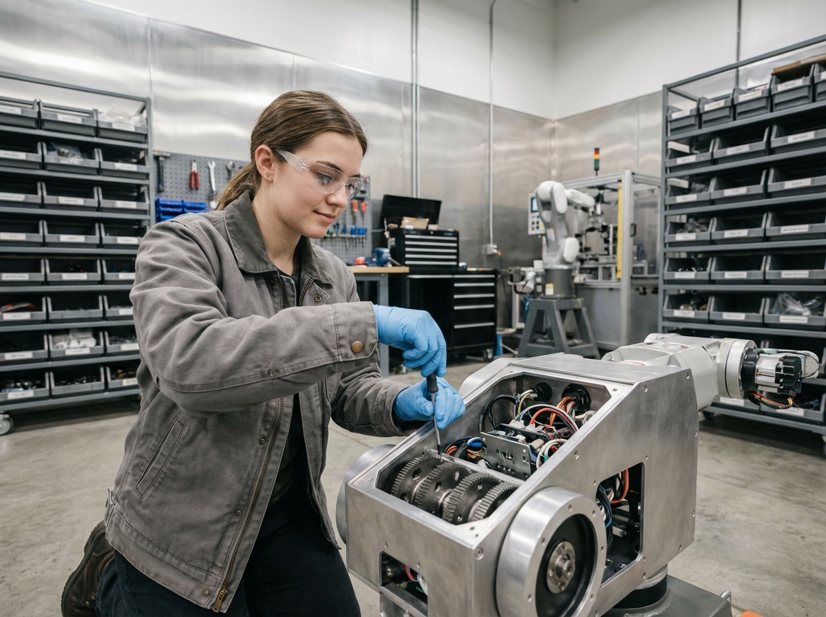 Technicien ajustant un robot industriel en atelier