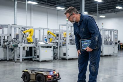 Technicien en maintenance avec robot autonome en usine
