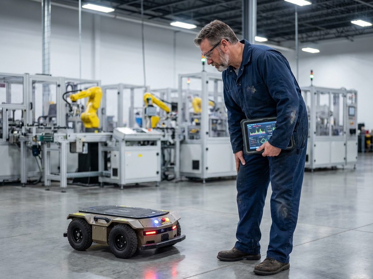 Technicien en maintenance avec robot autonome en usine