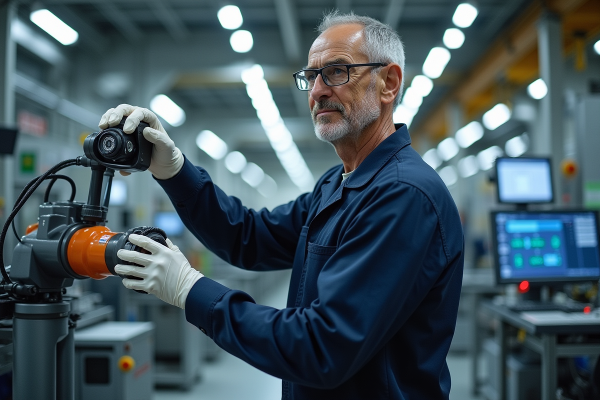 Technicien expérimenté manipulant un bras robotique en usine