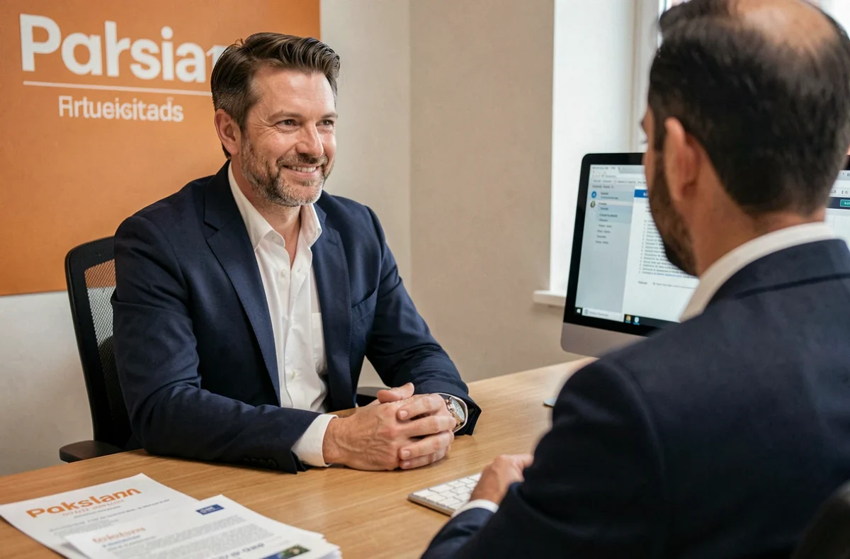 Recruteur de l'agence Temporis Melun consultant un candidat dans un bureau aux couleurs orange de la franchise