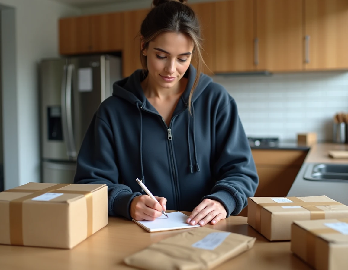 Femme travailleuse à domicile en train de noter sa production d'emballage dans une cuisine avec des colis préparés