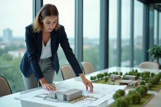 Urbaniste municipale étudiant les plans d'un pôle éco-industriel pour les collectivités locales