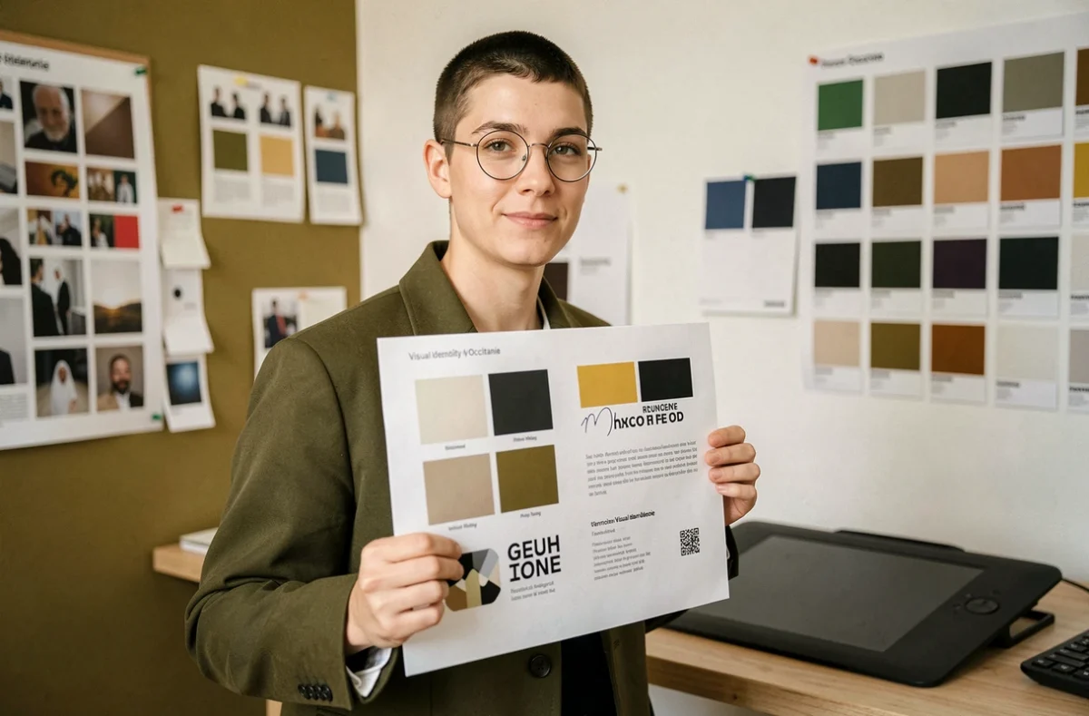 Designer graphique tenant un guide d'identité visuelle de marque dans un studio créatif de communication en Occitanie