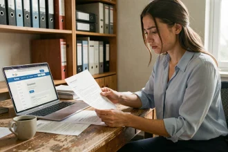 Jeune femme examinant un contrat de travail à durée déterminée à son bureau à domicile pour vérifier les cotisations Urssaf