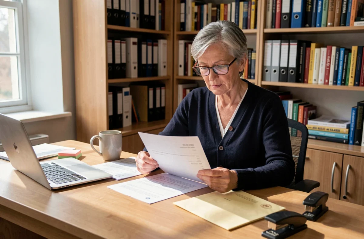 Propriétaire ou locataire vérifiant les documents d'un bail d'habitation reçu en main propre dans un bureau à domicile