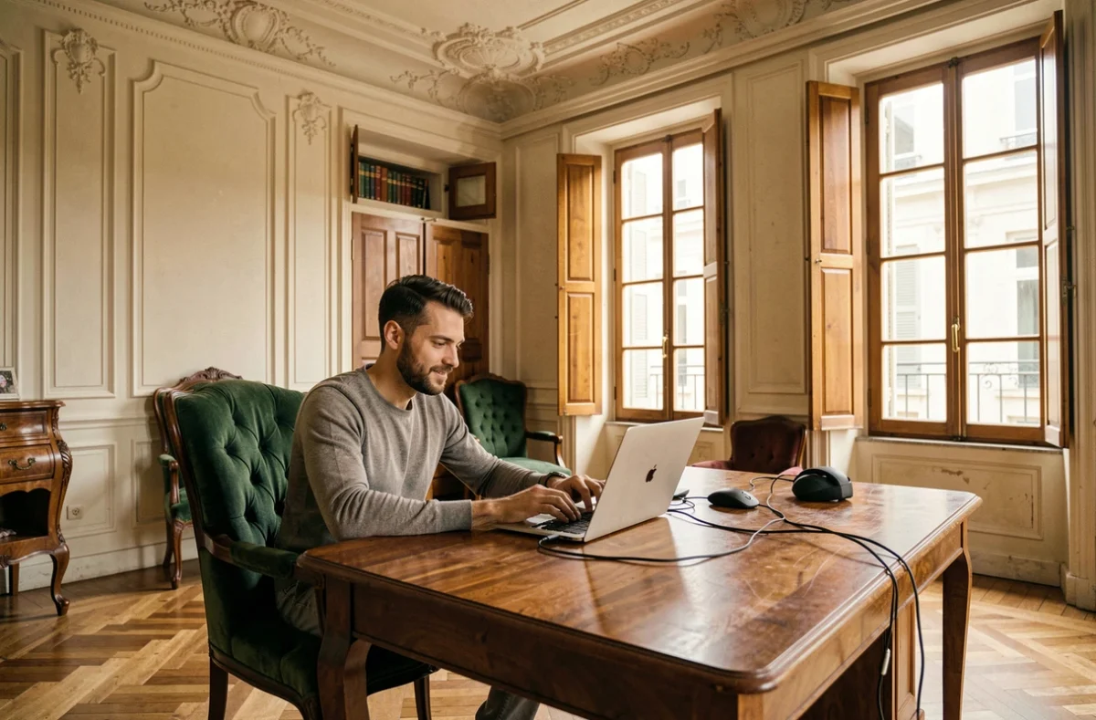 Homme travaillant dans Villa Maria, un espace de coworking installé dans une villa bordelaise restaurée aux détails architecturaux classiques et au parquet en chêne