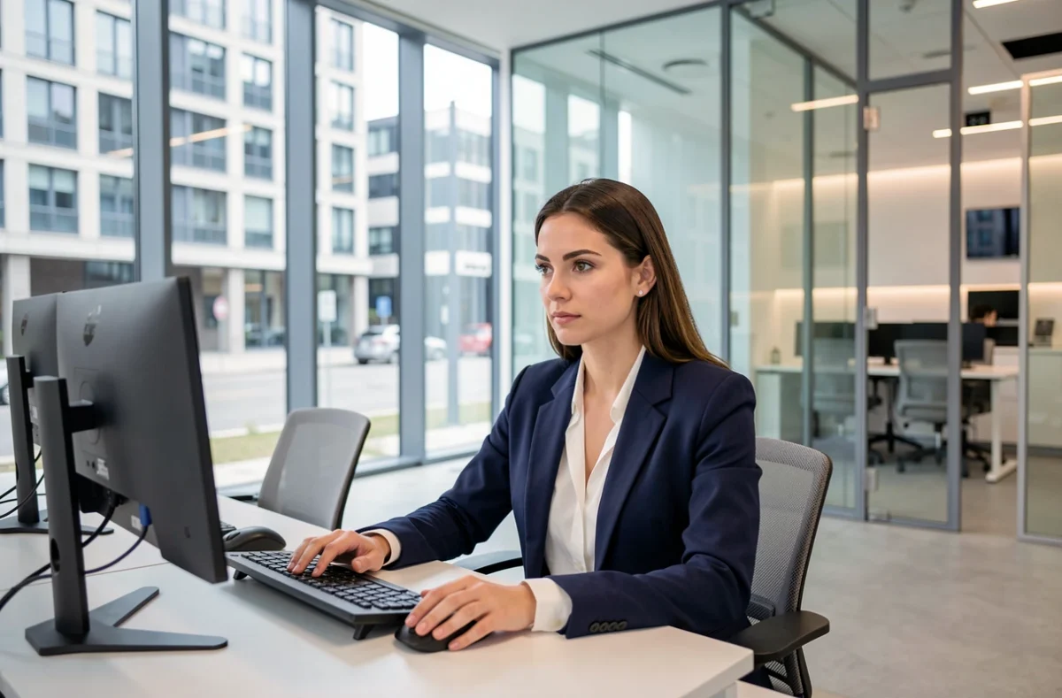 Femme professionnelle au travail dans l'espace W'iN Coworking Mériadeck, un bureau moderne aux cloisons vitrées dans le quartier d'affaires de Bordeaux