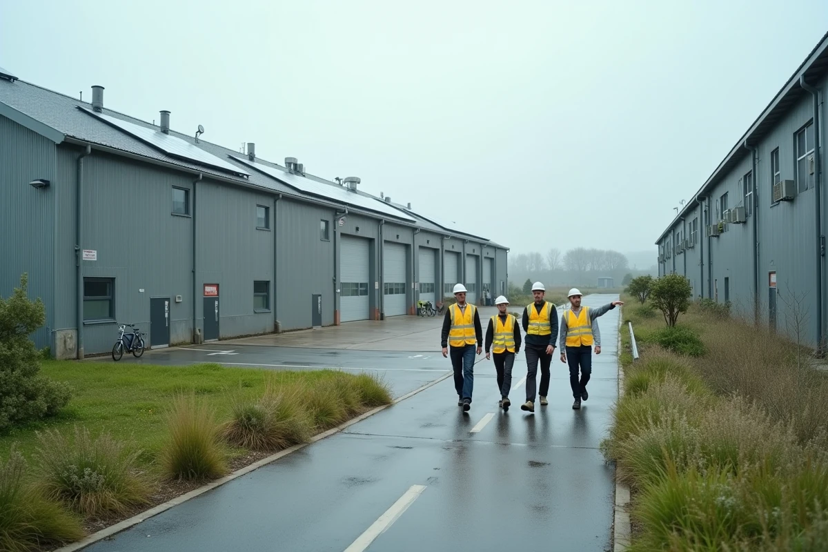 Zone éco-industrielle moderne avec panneaux solaires inspectée par des professionnels en collectivité